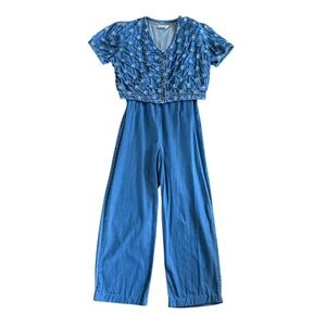 Styleworks Denim Floral Embroidered Wide Leg Pants Jumpsuit Womens Size 16